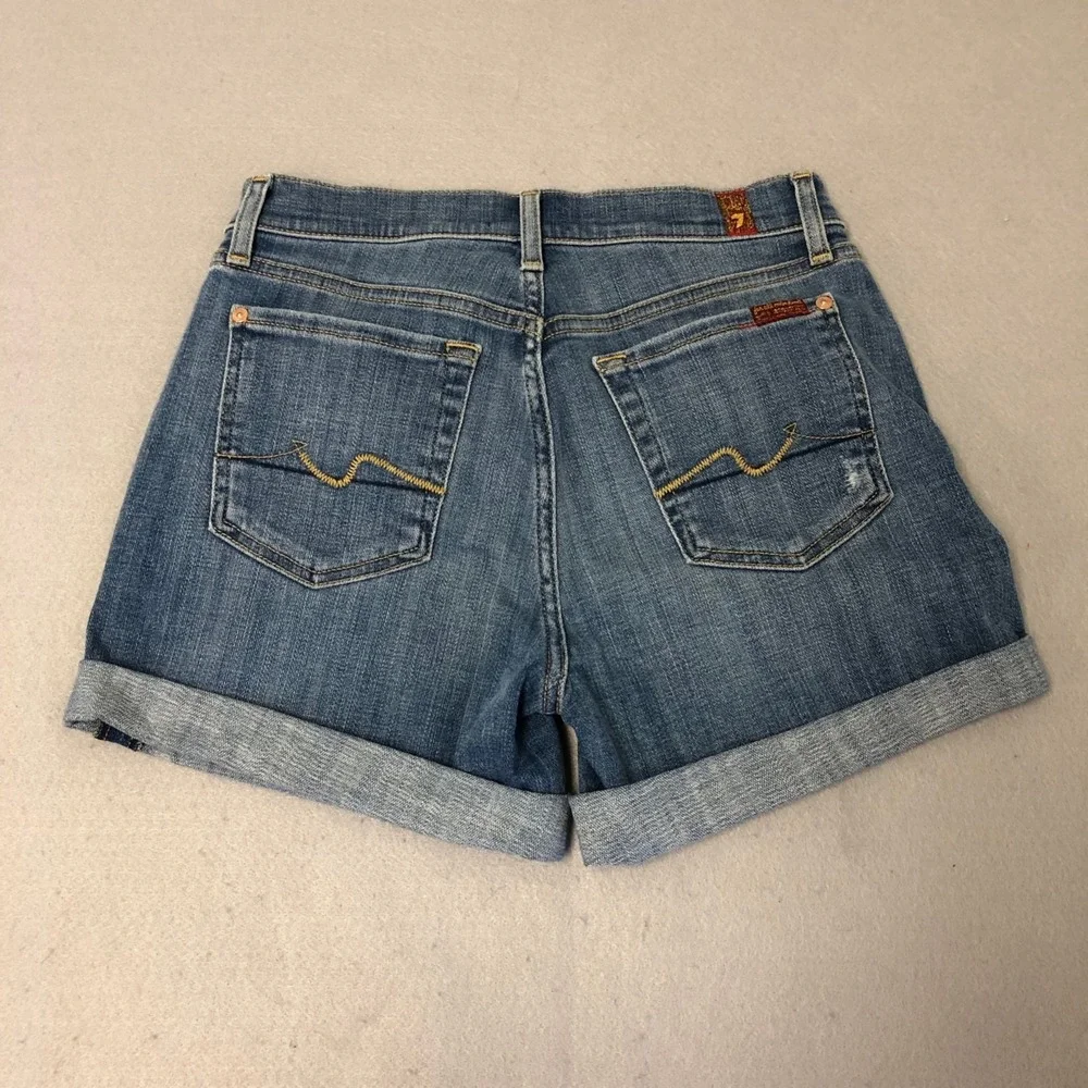 7 For All Mankind Mid Roll Short Womens 26 2 Blue Denim Distressed Festival